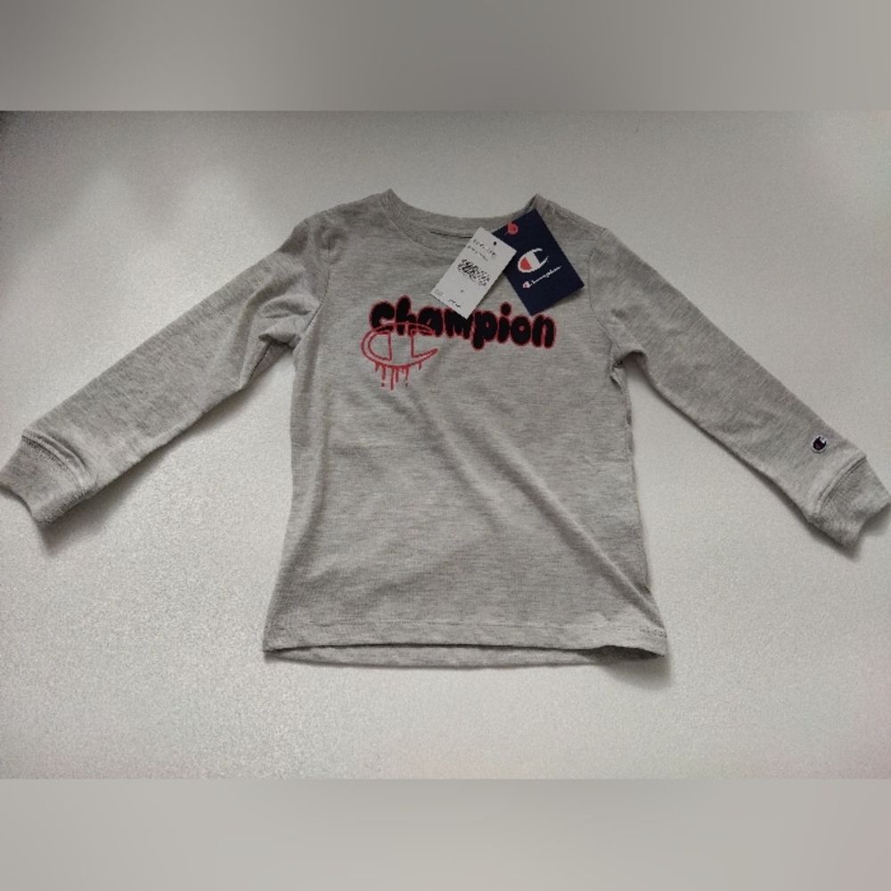 Champion Kids Long Sleeve Light Gray Logo Tee with Red Accent 4T New